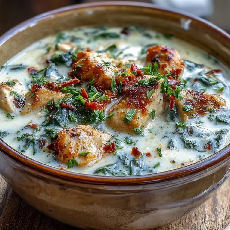 A close-up of ladle serving Garlic Parmesan Chicken Soup, highlighting the rich cream base, sautéed garlic, and melted cheese. Perfect cozy dinner recipe.
