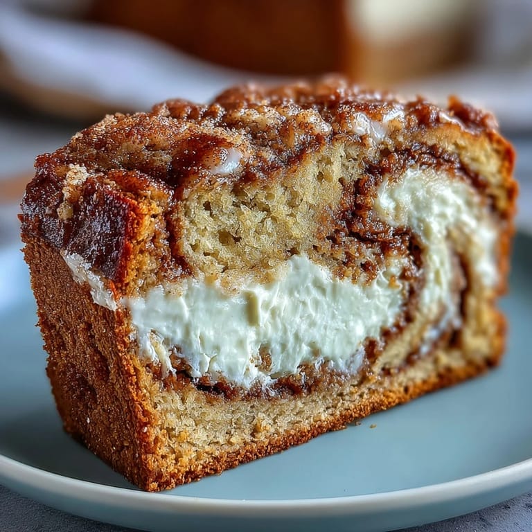 Morning sunlight highlights a loaf of Cream Cheese Cinnamon Swirl Banana Bread beside a steaming mug of coffee on a cozy breakfast table.