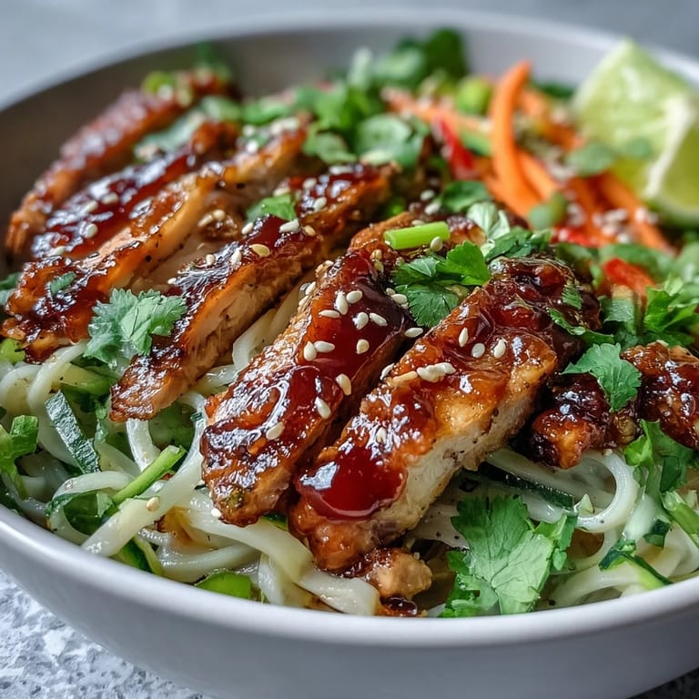 Brightly colored vegetables and sliced chicken over rice noodles in a serving bowl.