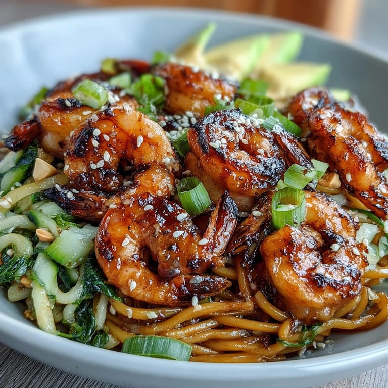 A close-up of Grilled Shrimp Asian Noodle Bowl featuring charred shrimp, crisp cucumber ribbons, fresh sprouts, and lime wedges.