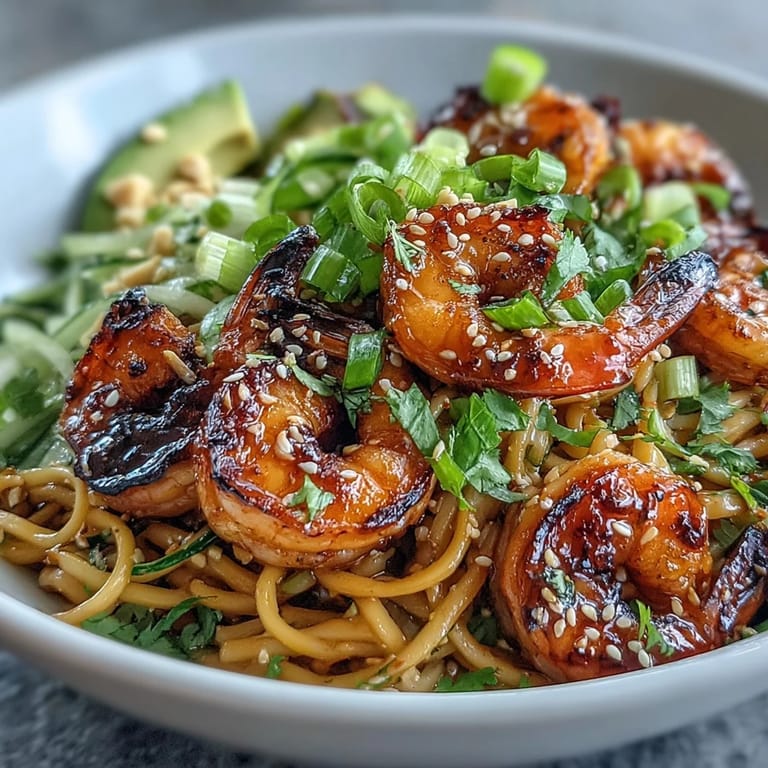 Overhead view of Grilled Shrimp Asian Noodle Bowl on a rustic table, garnished with cilantro and scallions for a fresh finish.