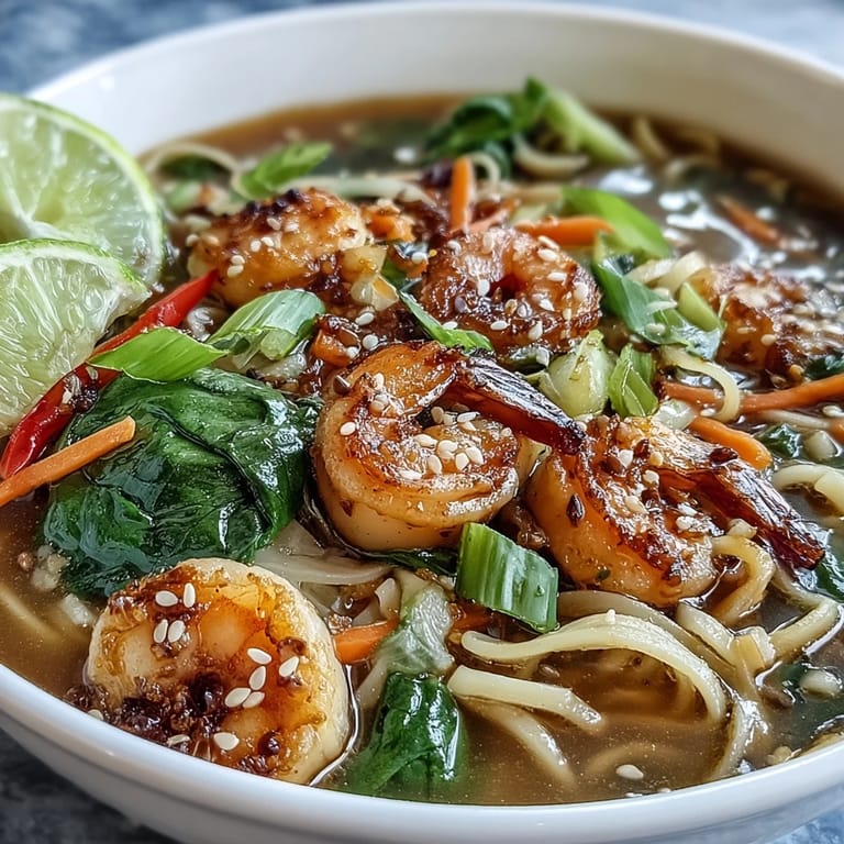 Garnished Asian Noodle Bowl with Shrimp and Scallops served in a cozy white bowl.