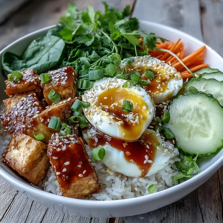 A close-up of Tofu Jammy Egg Breakfast Bowl garnished with sesame seeds and drizzled ginger scallion sauce.