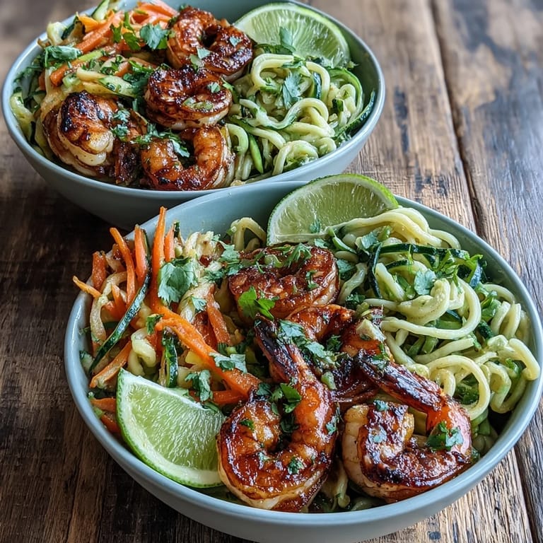 Steaming hot 15-Minute Asian Noodle Bowl With Grilled Shrimp, garnished with cilantro and sesame seeds, served in a rustic bowl for a quick weeknight dinner.