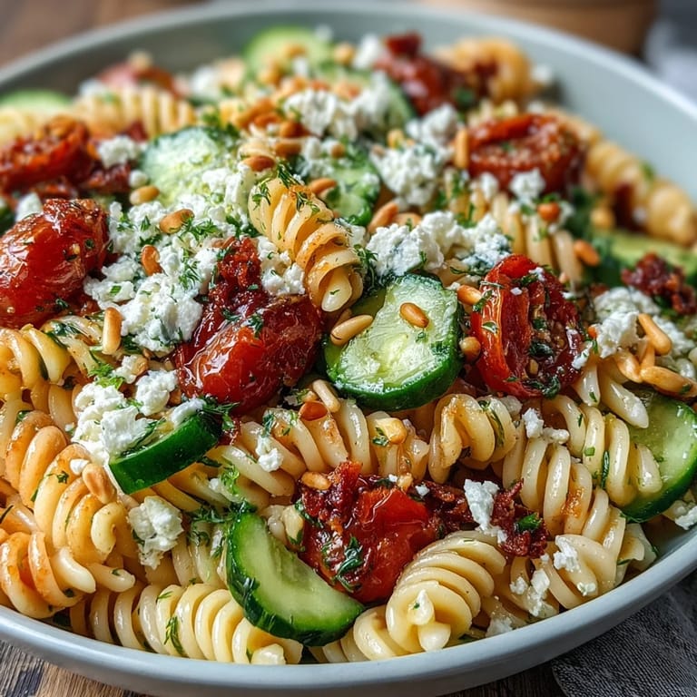 Colorful lemon vinaigrette pasta salad featuring fresh vegetables and a tangy dressing, great for lunch or dinner.