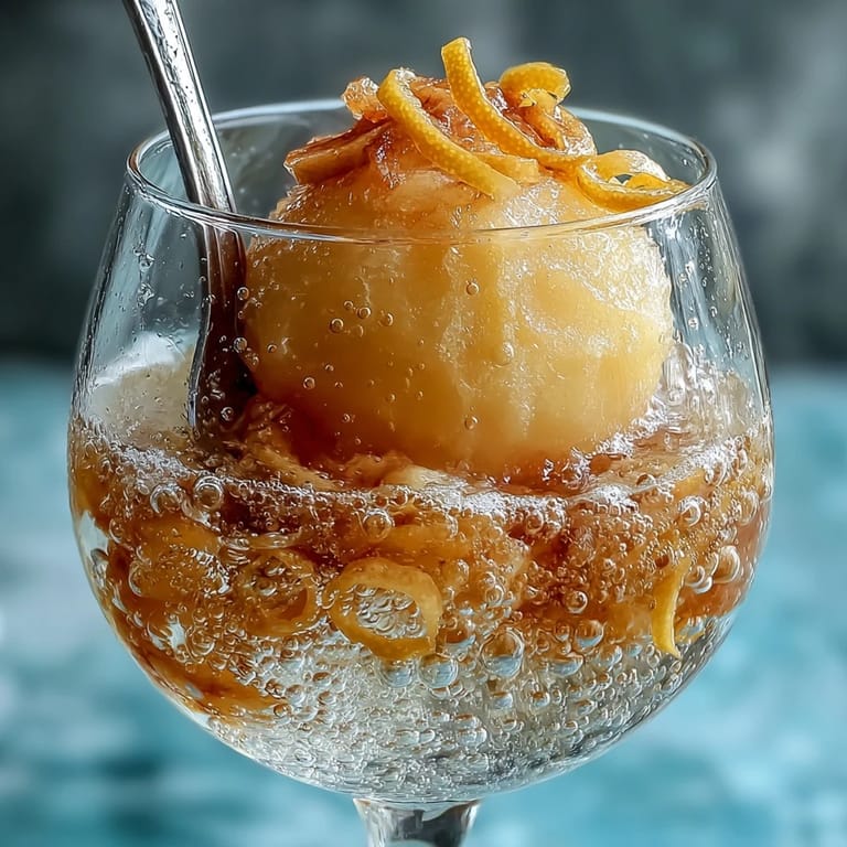 Elegant Limoncello sorbet float recipe, sparkling water poured over lemon sorbet and Limoncello, served in chilled glasses with lemon slices.