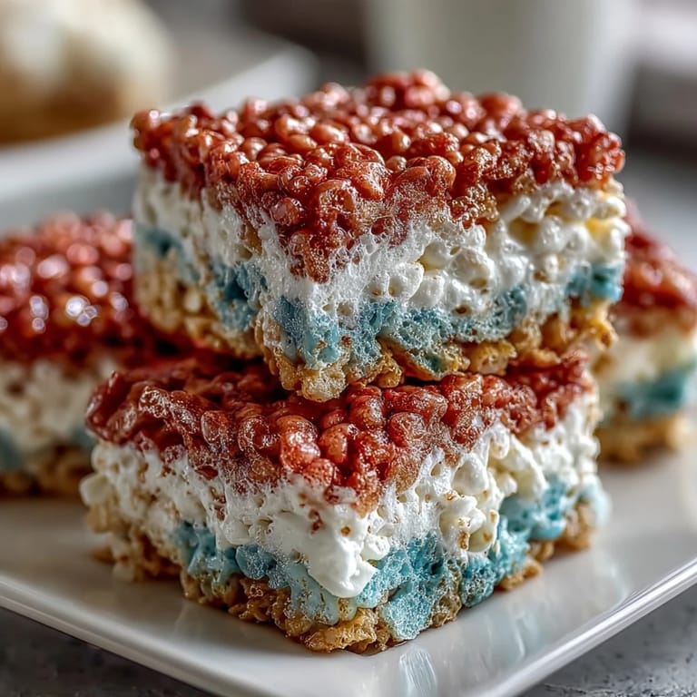Festive layered Rice Krispies treats in vibrant red, white, and blue colors, topped with sprinkles for a fun Independence Day dessert.