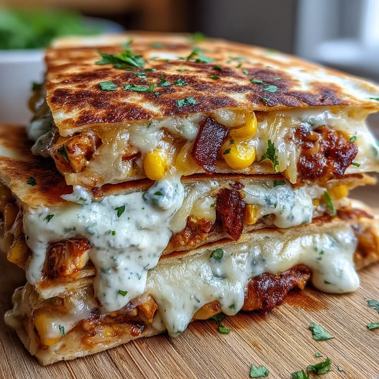 Festive street corn quesadillas with smoky chipotle crema, perfect for Cinco de Mayo celebrations or Mexican-inspired dinners.