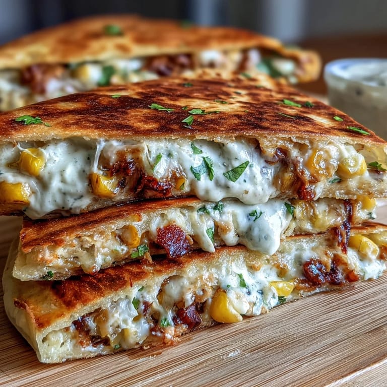 Roasted corn and Monterey Jack quesadillas drizzled with spicy chipotle crema, garnished with Cotija and fresh cilantro.