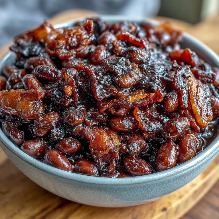 Close-up of tender navy beans coated in molasses-brown sugar glaze, topped with crunchy bacon crumbles.  