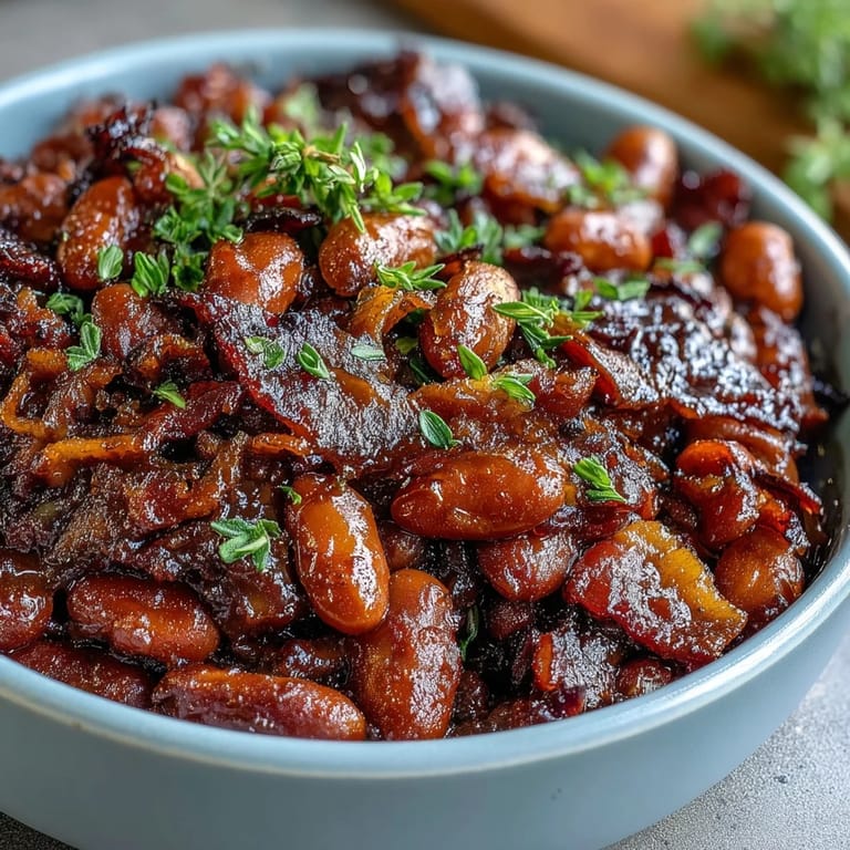 Golden-baked beans in a cast iron skillet, rich and savory with brown sugar and smoky bacon aroma.