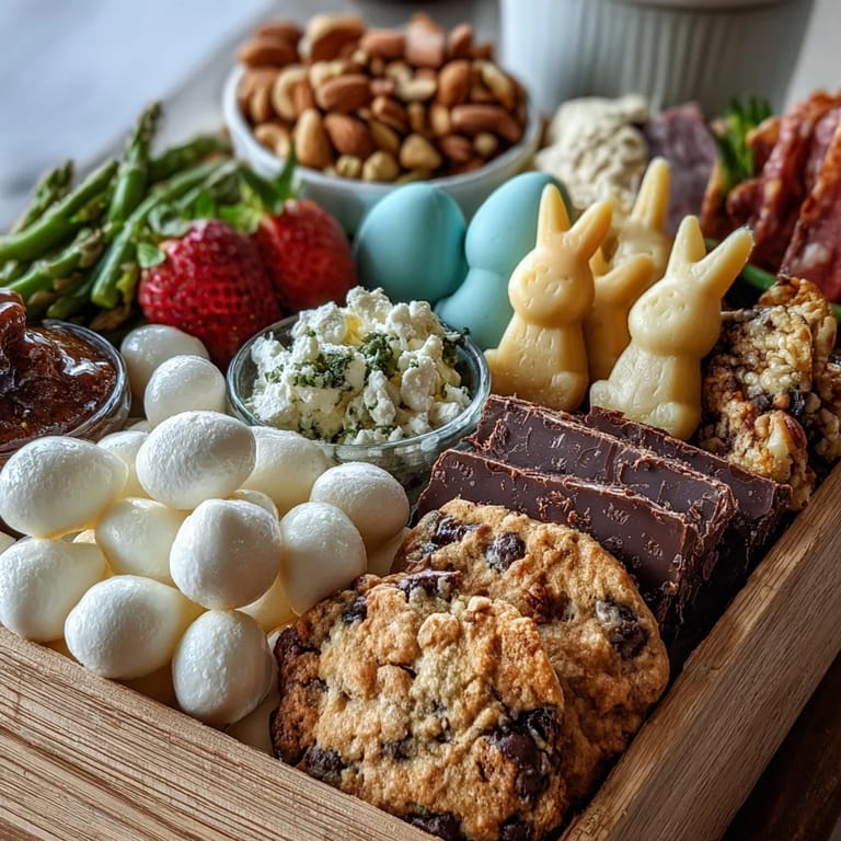 Adorable mini Easter basket charcuterie board featuring fresh mozzarella, prosciutto, strawberries, and sweet treats in pastel hues.