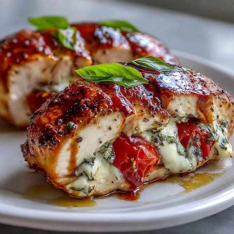 Baked caprese stuffed chicken breast featuring tender chicken filled with mozzarella, ripe tomatoes, and fragrant basil leaves.