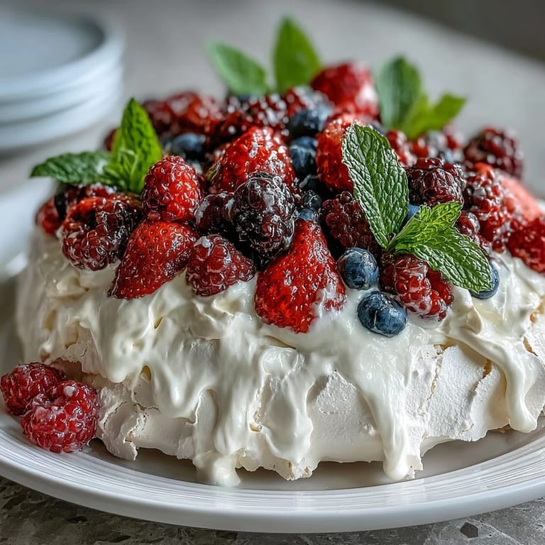 Elegant pavlova with fresh berries and cream, featuring a delicate crisp shell, marshmallow center, and an artful arrangement of juicy seasonal fruits.