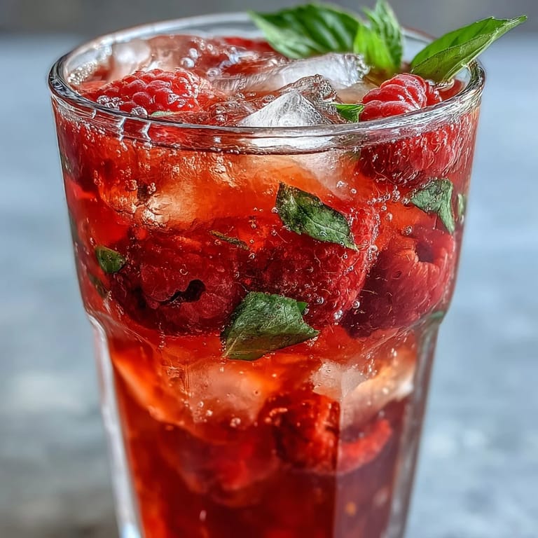 Vibrant raspberry lemon spritz mocktail in a tall glass, sparkling water bubbling with crushed berries and citrus aroma.