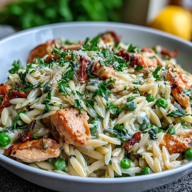 Tender chicken and orzo simmered in lemon-garlic broth with sweet peas, finished with Parmesan and fresh parsley.  