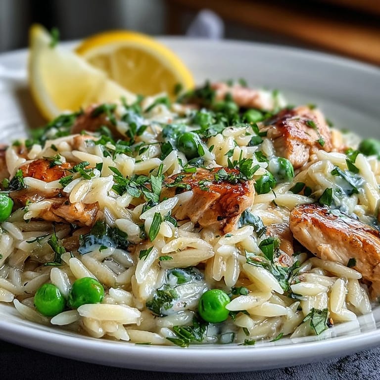 Easy One-Pot Lemon Orzo with Chicken and Peas, combining zesty citrus, savory chicken, and creamy orzo for a comforting meal.