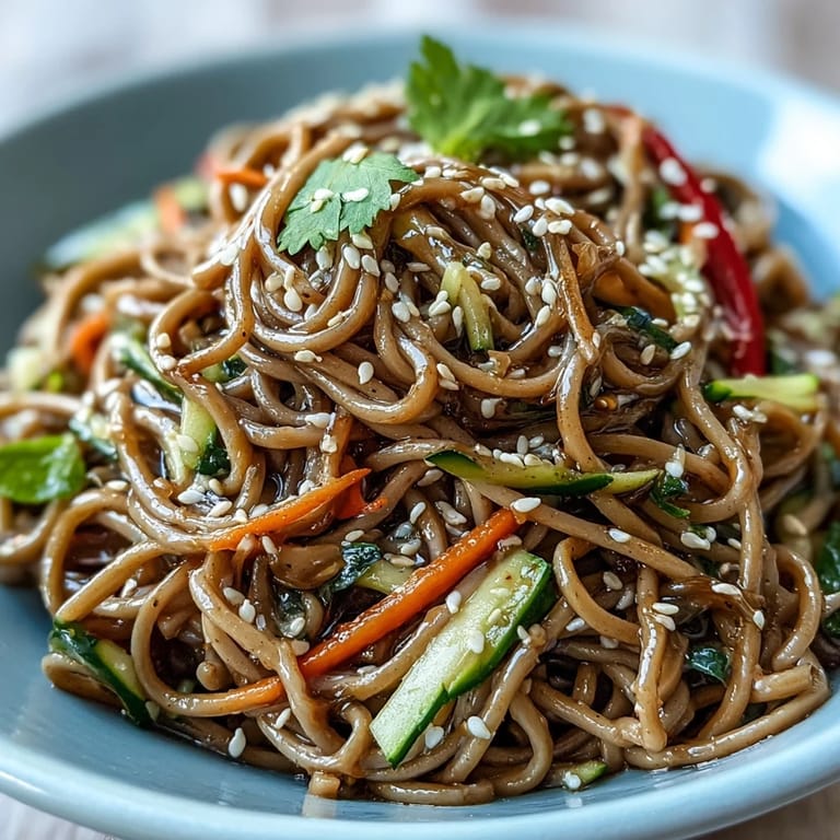 Vibrant cold soba noodle salad with sesame ginger dressing, topped with toasted sesame seeds and served chilled.