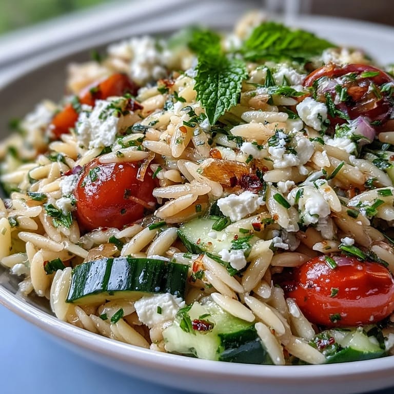 Colorful orzo pasta salad tossed with crisp cucumber, creamy feta, and zesty lemon dressing, perfect for summer gatherings.  