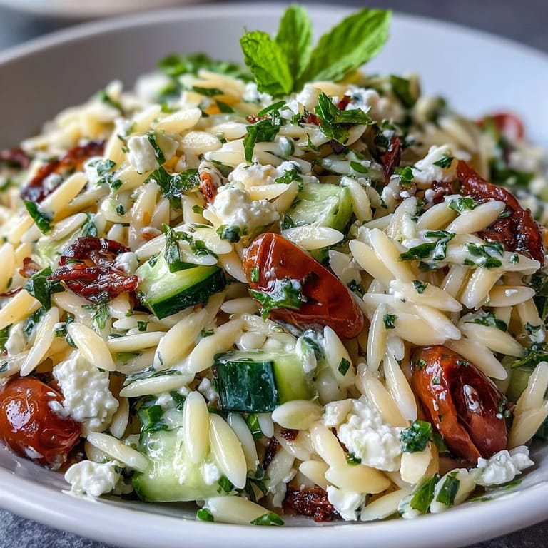Refreshing orzo salad featuring tender pasta, crunchy cucumber, tangy feta, and bright lemon-herb dressing, ideal for picnics.