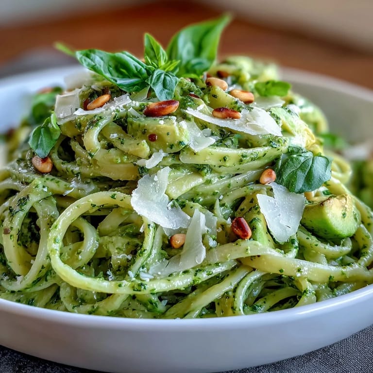 Vibrant green avocado pesto coats al dente pasta, garnished with fresh basil and lemon zest.  