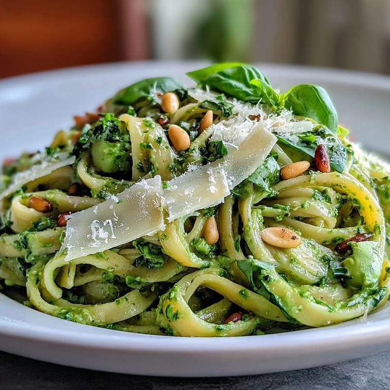 Quick and easy creamy avocado pesto pasta, perfect for a healthy vegetarian dinner in minutes.