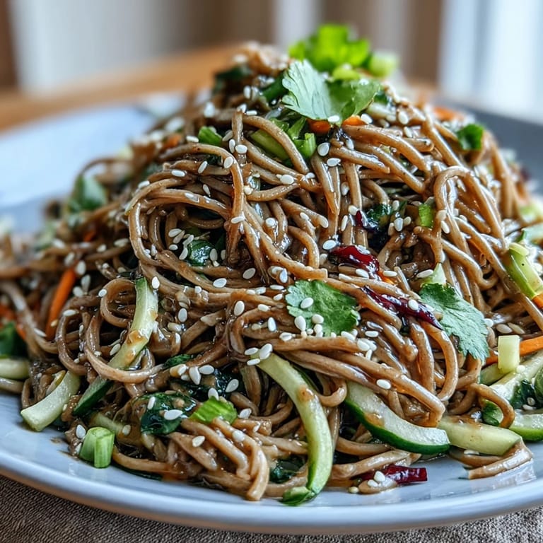 Refreshing cold soba noodle salad with sesame ginger dressing, tossed with colorful crunchy vegetables and fresh herbs.