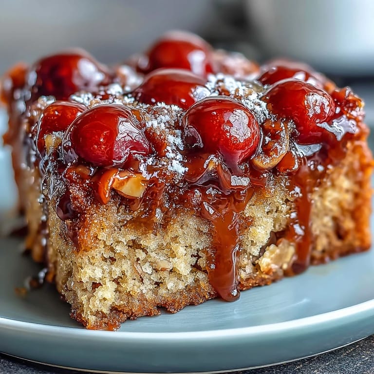 Decadent cherry almond upside-down cake, showcasing glossy caramelized cherries atop a tender, fragrant almond cake.  