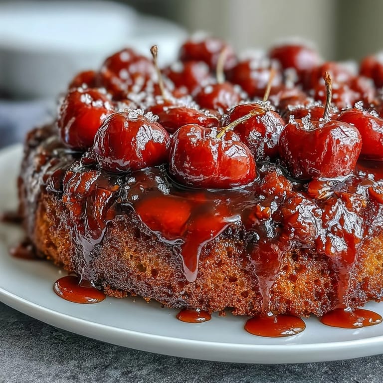 Moist cherry almond upside-down cake with sweet cherries glistening under a buttery brown sugar glaze, perfect for dessert.