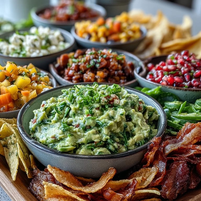 A festive guacamole bar featuring creamy avocado dip and abundant, exciting topping options.