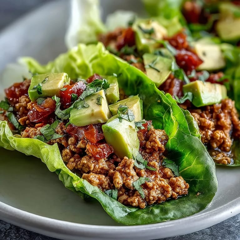 Low carb turkey taco lettuce wraps overflowing with seasoned ground turkey and avocado.