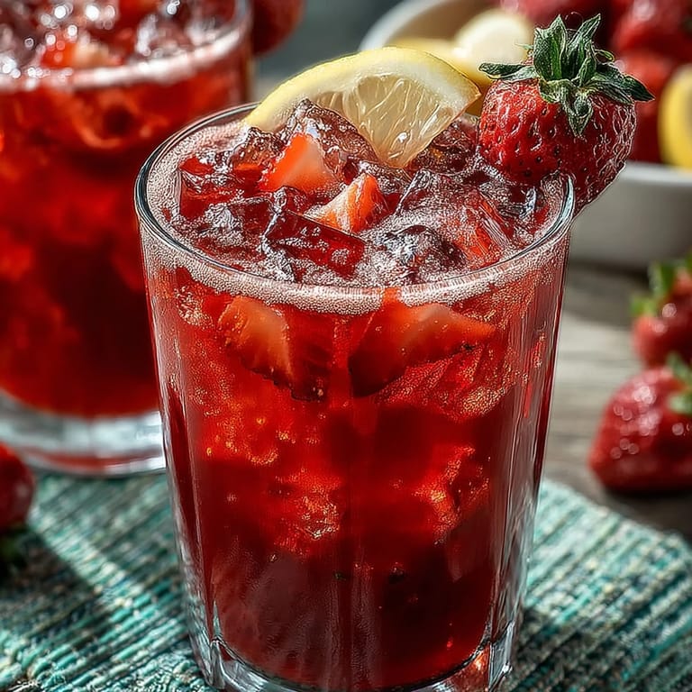 Beautifully garnished Juneteenth Red Drink: Hibiscus Strawberry Lemonade, perfectly tart and sweet.