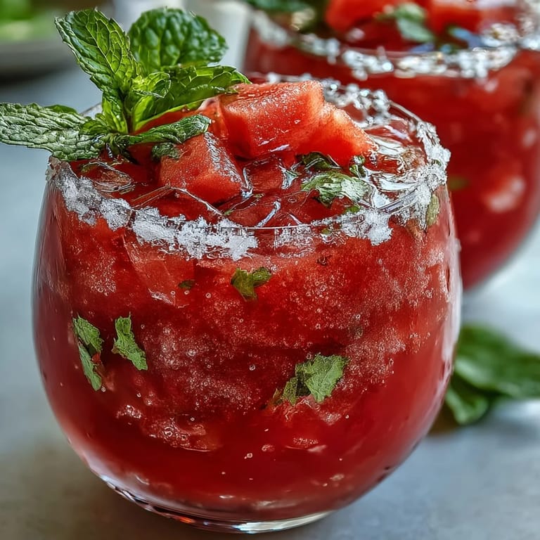 Close-up of vibrant Watermelon Mint Frosé, blended smooth with fresh mint garnish.