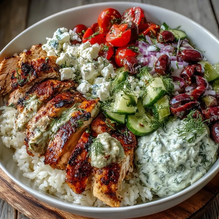 Hearty Greek chicken bowls showcasing tender marinated chicken and vibrant, crisp toppings.