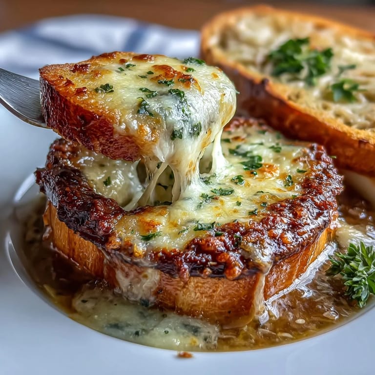 Savory vegetarian quick onion soup gratin with melted cheese in rustic bowls.