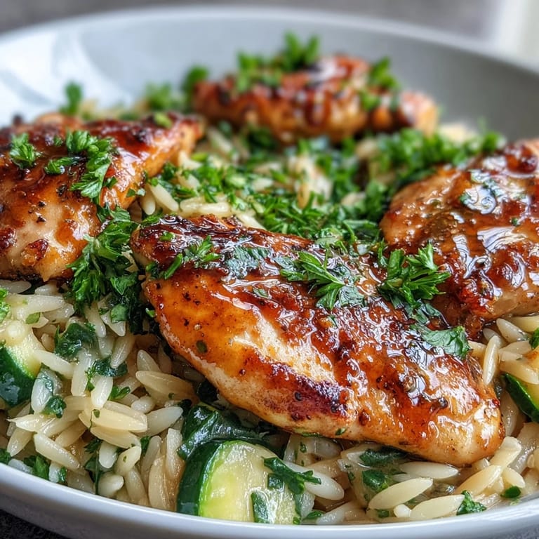 Easy One-Pan Lemon Chicken and Zucchini Orzo, ready to serve with fresh parsley garnish.