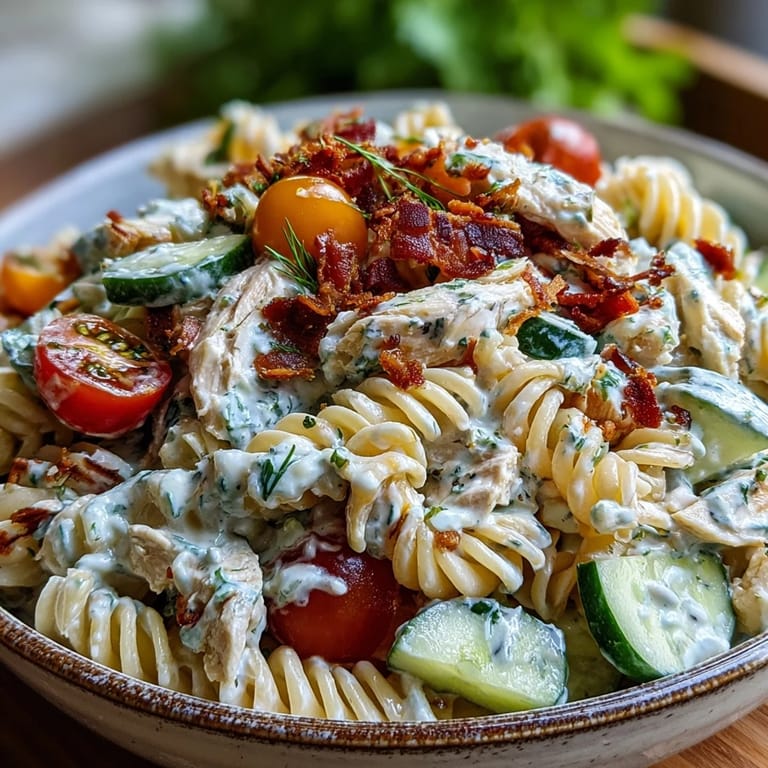 Delicious Chicken Bacon Ranch Pasta Salad, a perfect potluck side dish.