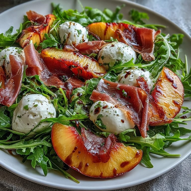 Creamy burrata cheese atop a refreshing Peach Burrata Prosciutto Salad.
