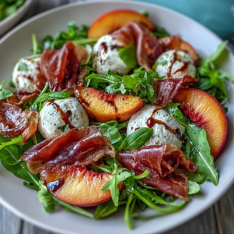 Savory prosciutto layered beautifully in this delicious Peach Burrata Prosciutto Salad creation.