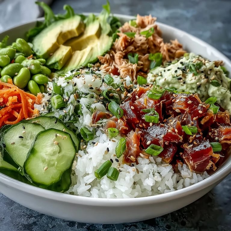 Vibrant canned tuna poke bowl, perfect for a quick, healthy lunch.