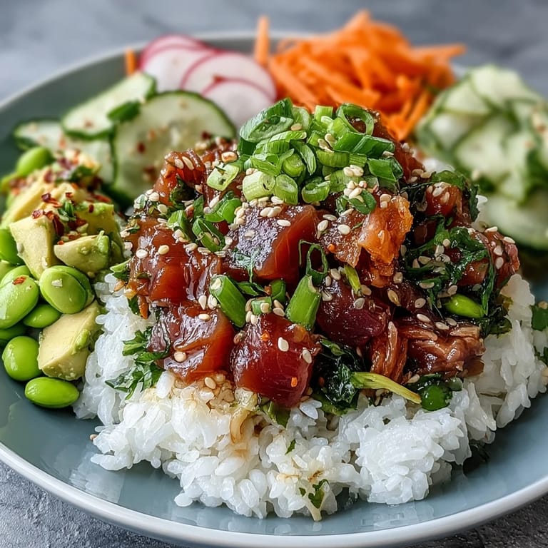 Deconstructed canned tuna poke bowl, showcasing flaky fish and fresh produce.