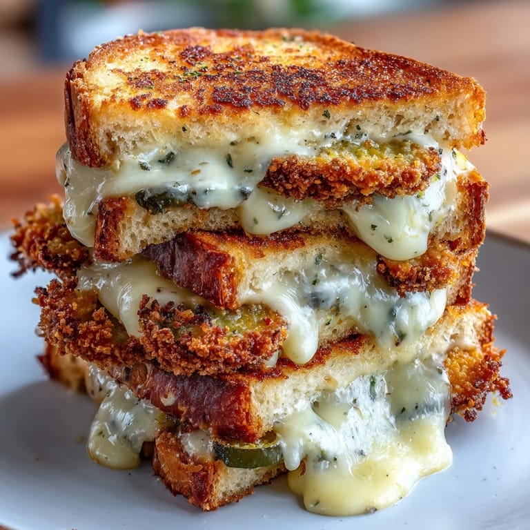Our fried pickle grilled cheese sandwich, perfectly grilled with gooey cheese.