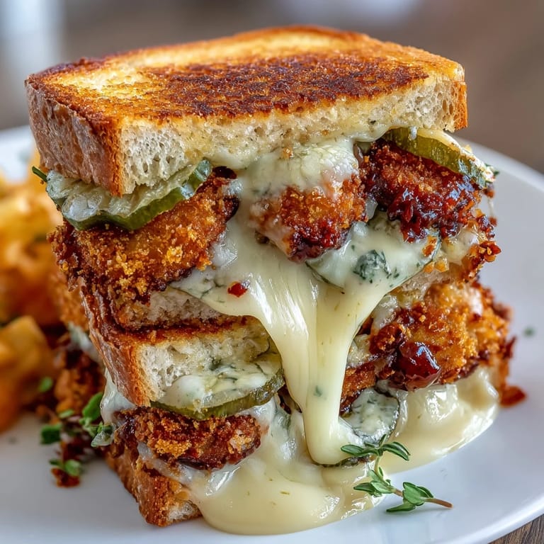 Experience the ultimate fried pickle grilled cheese, hot and oh-so-cheesy.