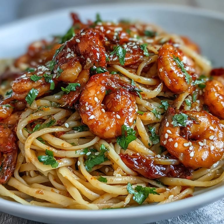 Spicy Garlic Butter Shrimp Buldak Pasta, a fiery fusion dish ready to serve.