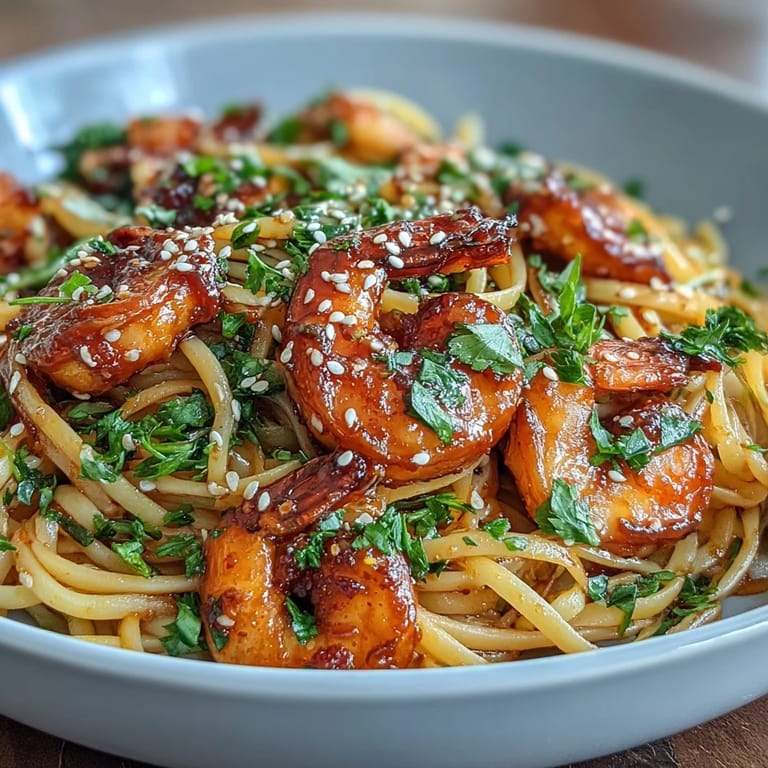 Savory Garlic Butter Shrimp Buldak Pasta garnished with fresh parsley and seeds.