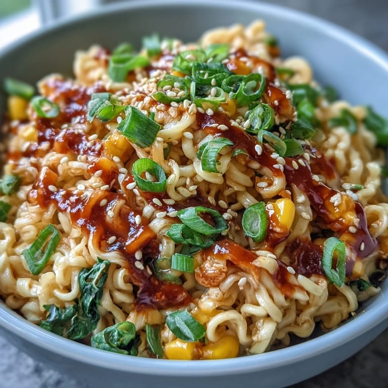 A comfort food bowl of Creamy Corn Buldak Ramen loaded with corn and noodles.