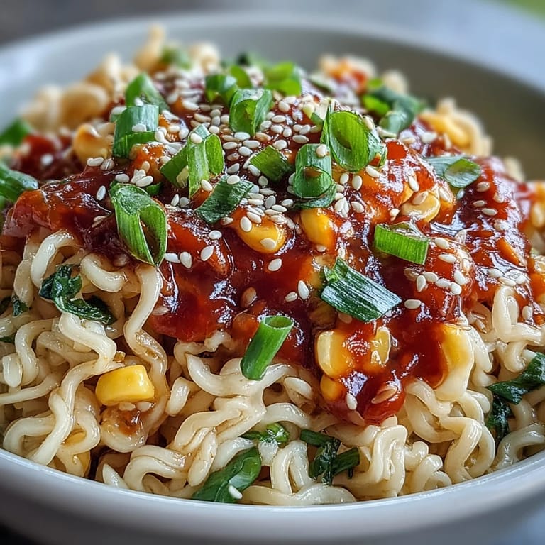 Vibrant Creamy Corn Buldak Ramen featuring a rich, spicy sauce and tender noodles.