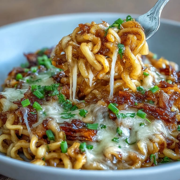 Spicy, cheesy French Onion Buldak Noodles dish topped with fresh chives.