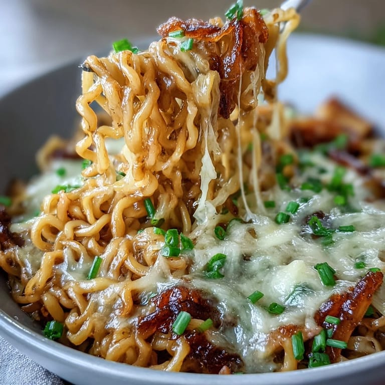 A comforting bowl of French Onion Buldak Noodles with toasted baguette slices.