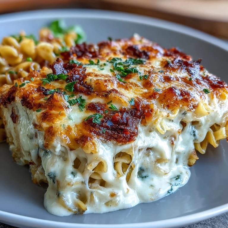 Rich, creamy Carbonara Buldak Ramen Bake hot from the oven.